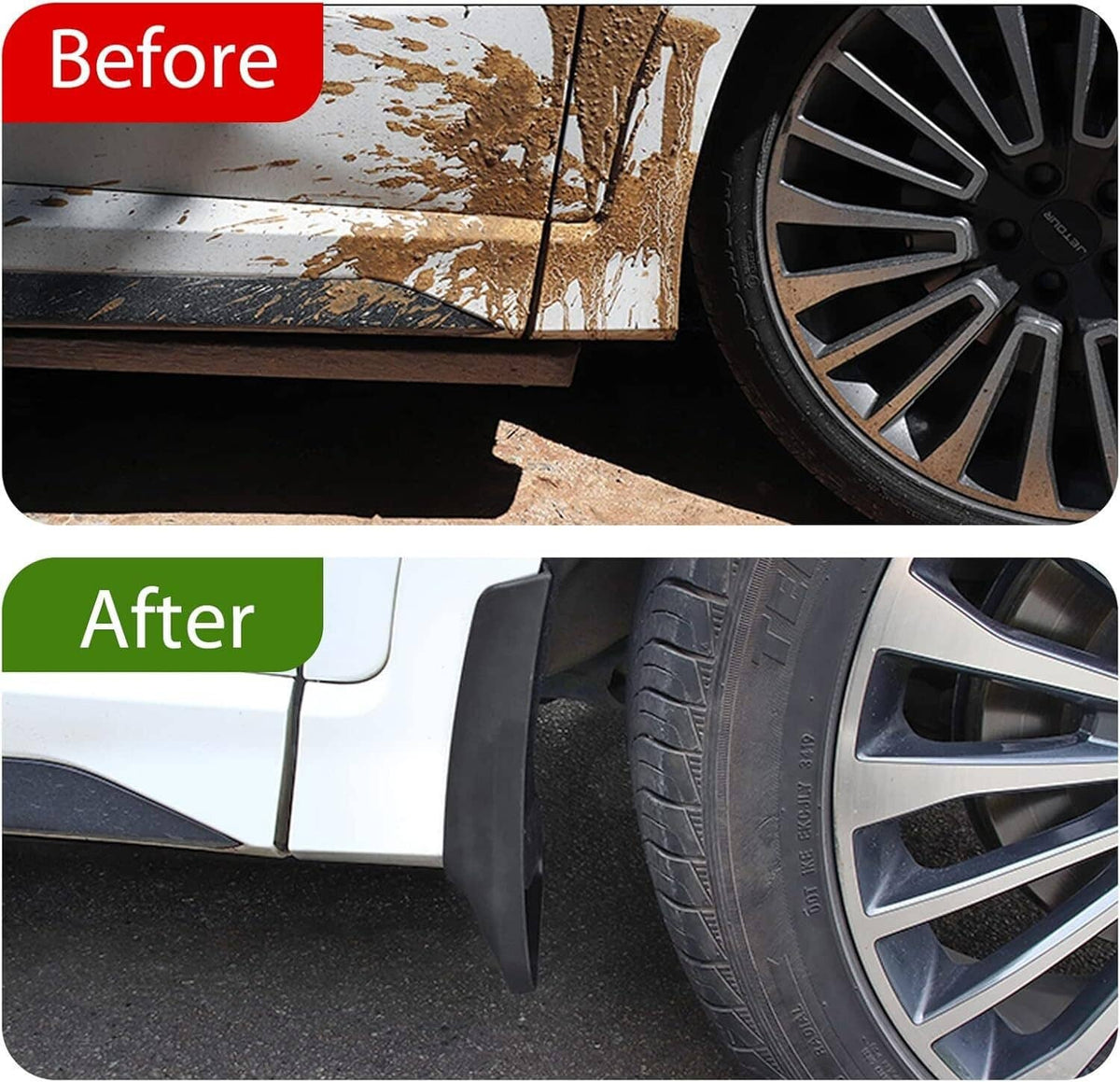 Installed black mud flap shown by wheel area in after photo