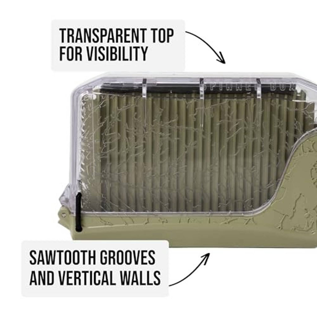 Open compact tackle storage box with clear lid, olive insert, sawtooth grooves and walls.