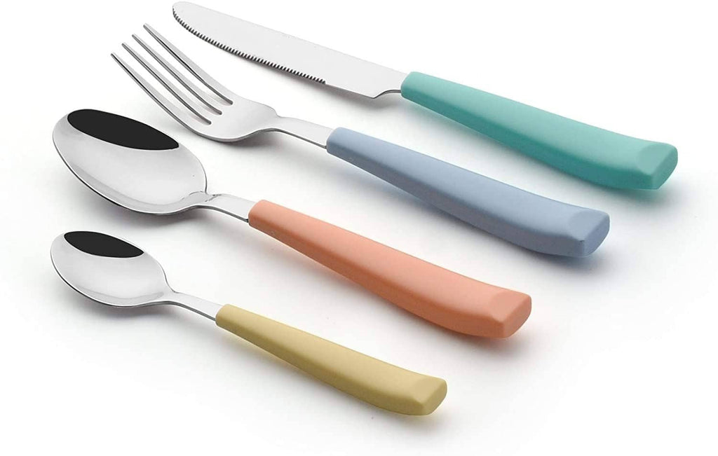 Stainless steel cutlery set with teal and blue handles: fork, knife, and spoon