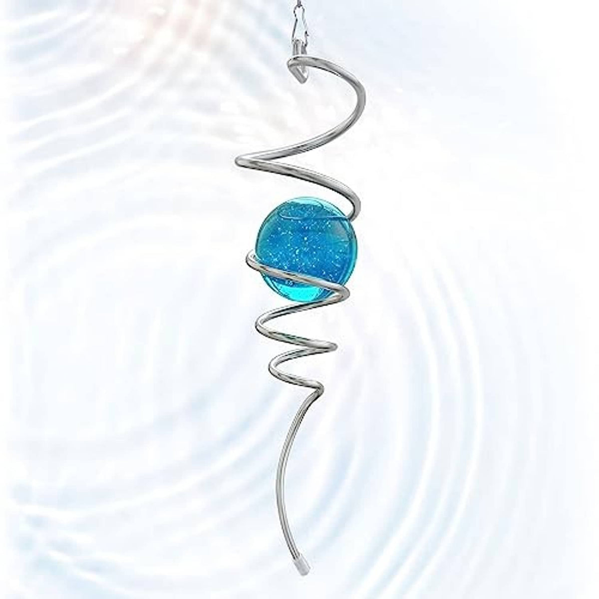 Blue glass orb spiral tail wind spinner hanging from chain