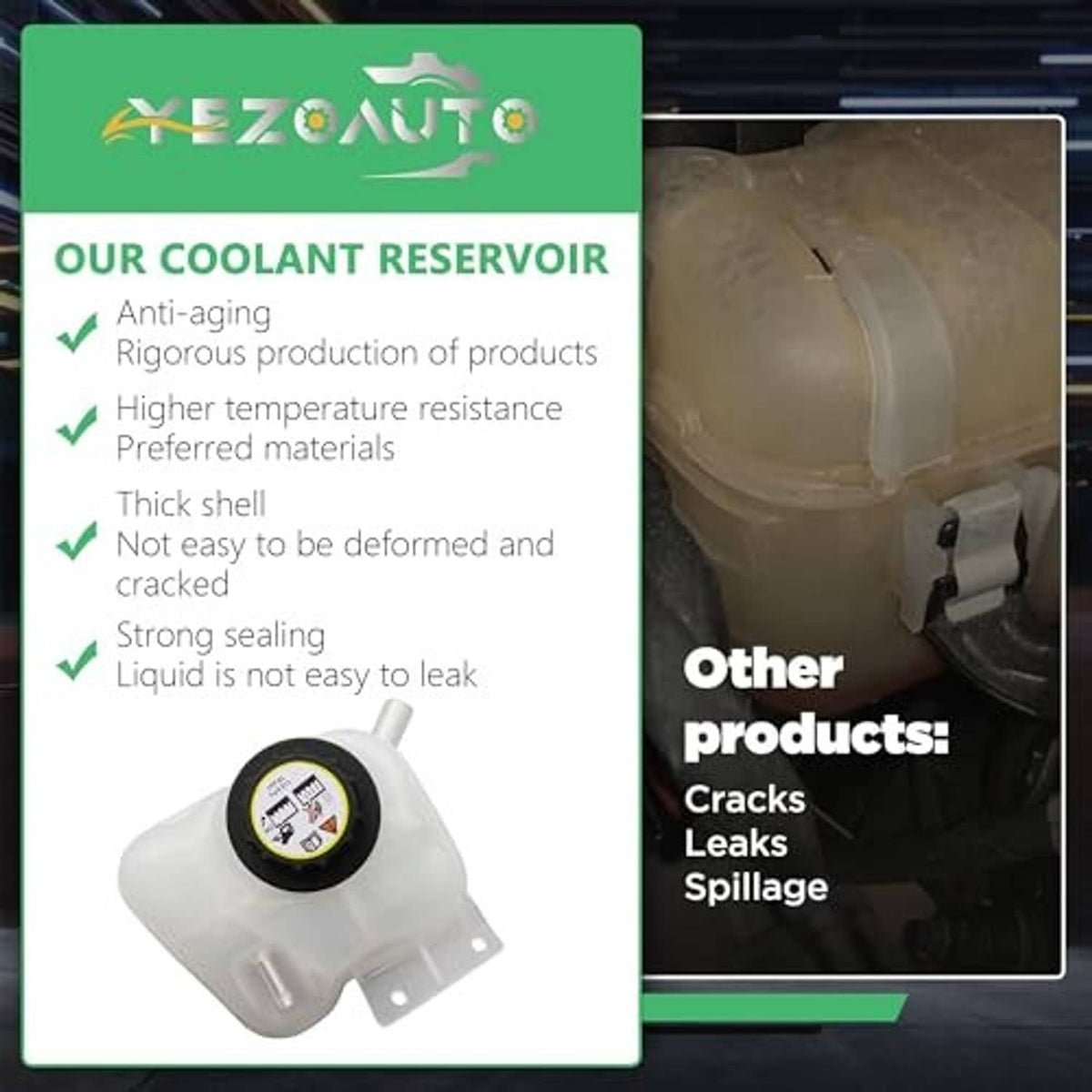 White coolant reservoir expansion tank with black cap and metal mounting bracket