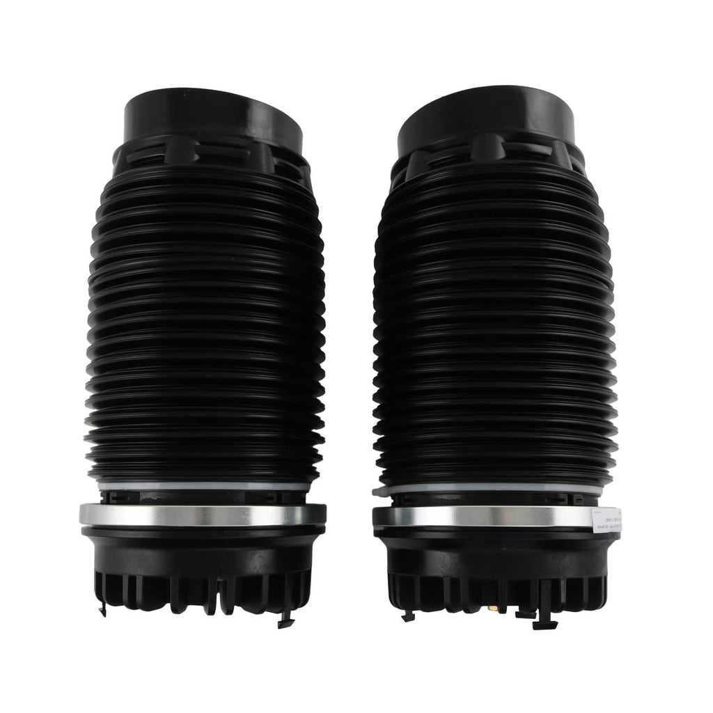 Front air suspension strut pair with ribbed black bellows and gray top brackets