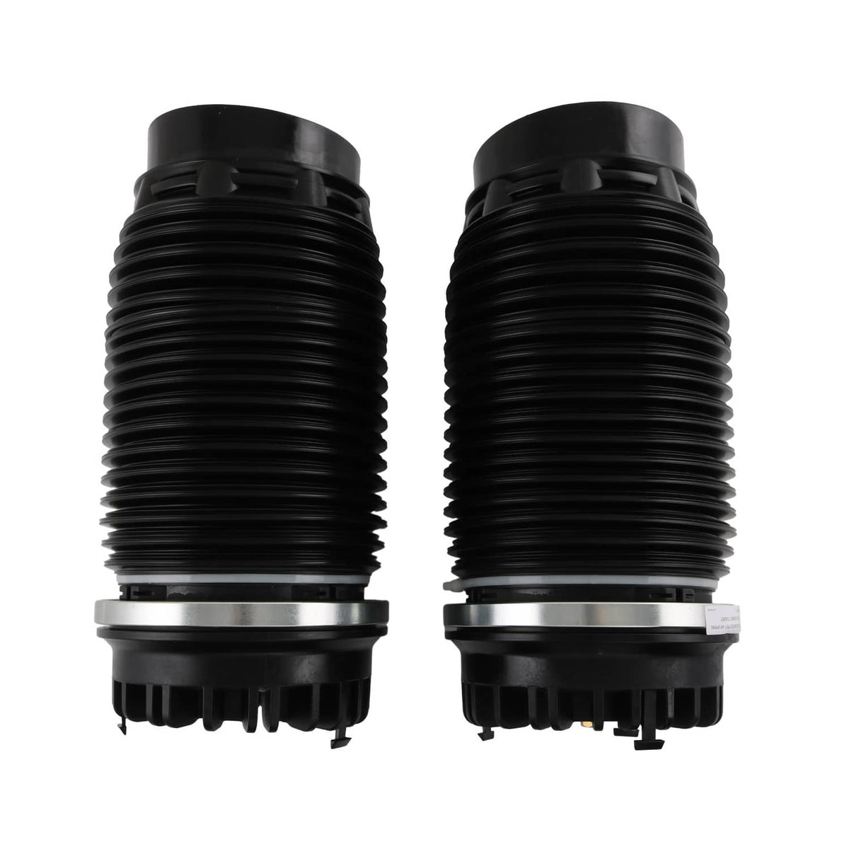 Front air suspension strut pair with ribbed black bellows and gray top brackets
