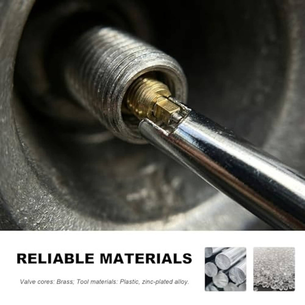 Close-up of a brass tire valve core being removed by a silver metal tool