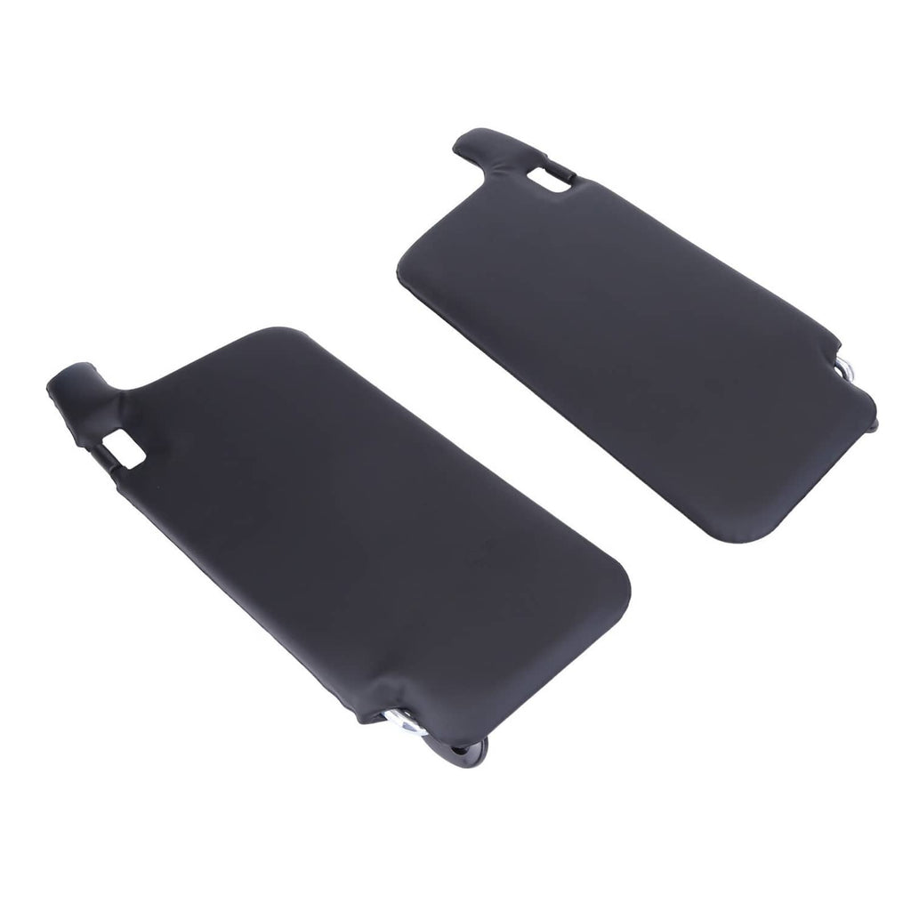 Black car sun visor pair with clip bases and small rectangular cutouts