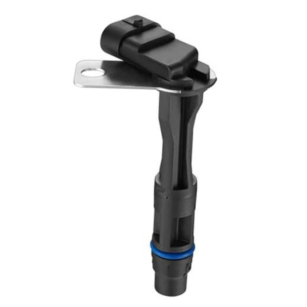 Camshaft position sensor with metal mounting bracket, black housing and blue sealing ring.