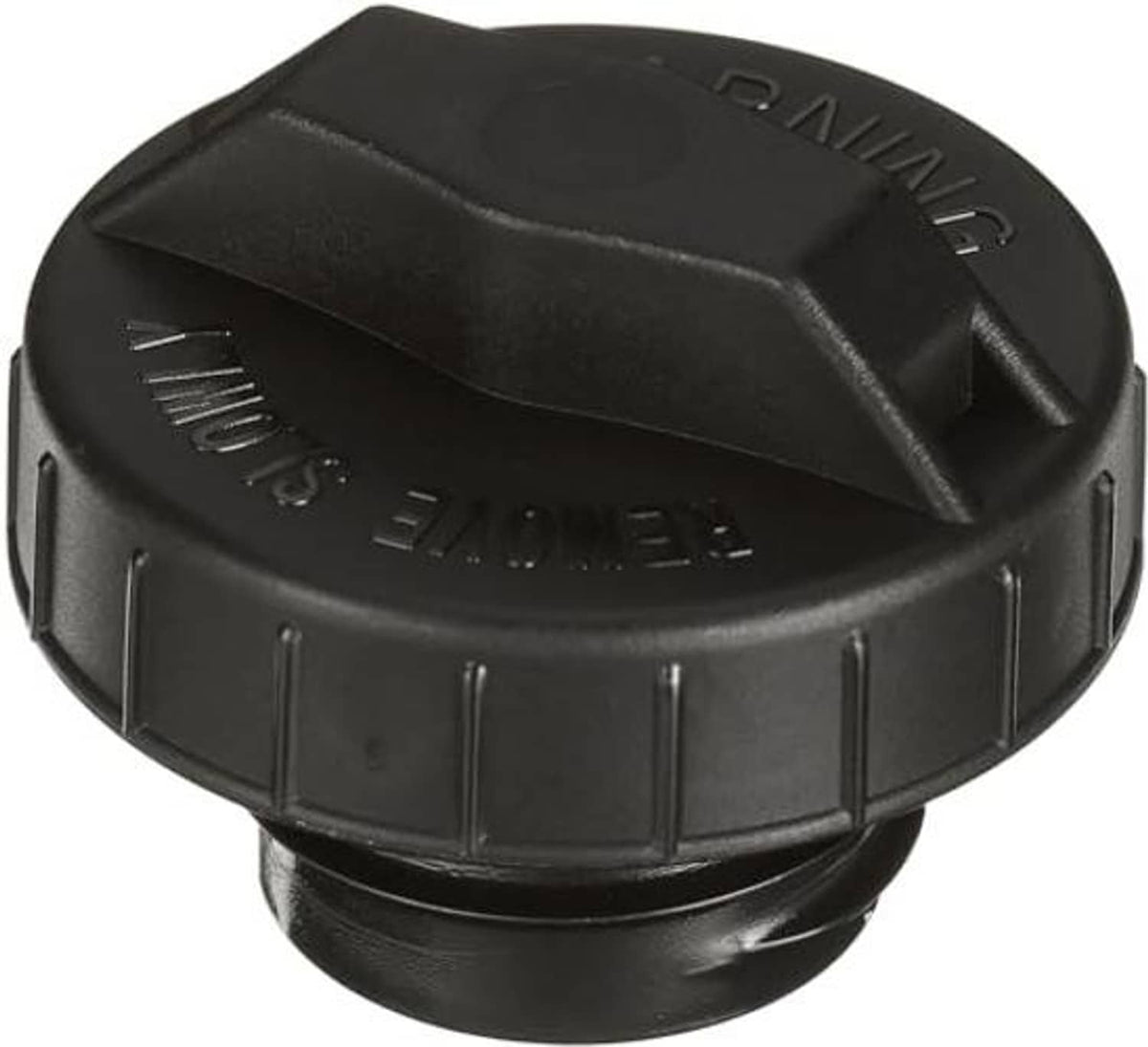 Black fuel tank cap with slotted grip edge and raised top lettering