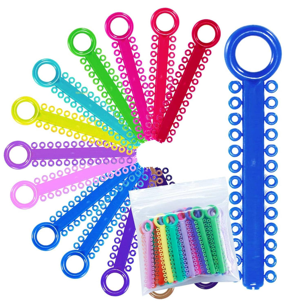 Colorful orthodontic elastic ligature O-ties with blue dispensing tool and assorted rings