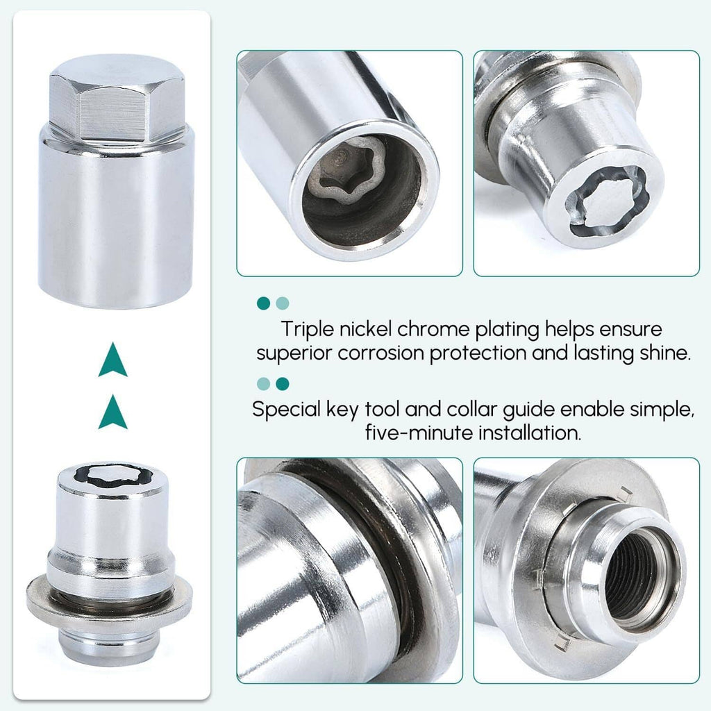 Chrome wheel lock lug nuts set showing star key drive and textured exterior, close-up details