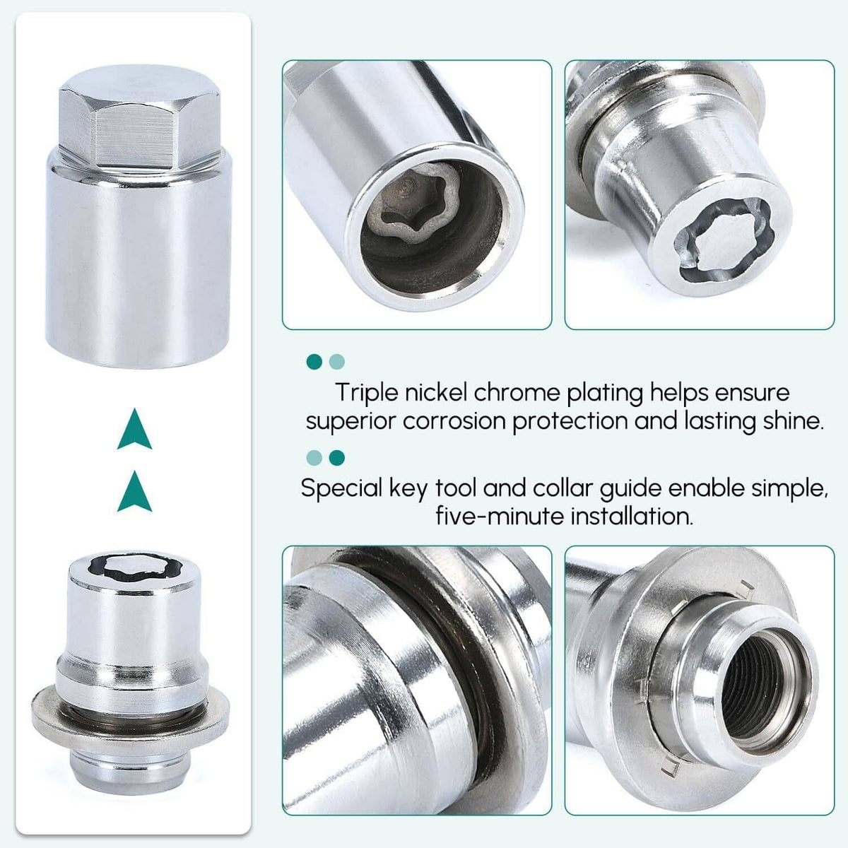 Chrome wheel lock lug nuts set showing star key drive and textured exterior, close-up details