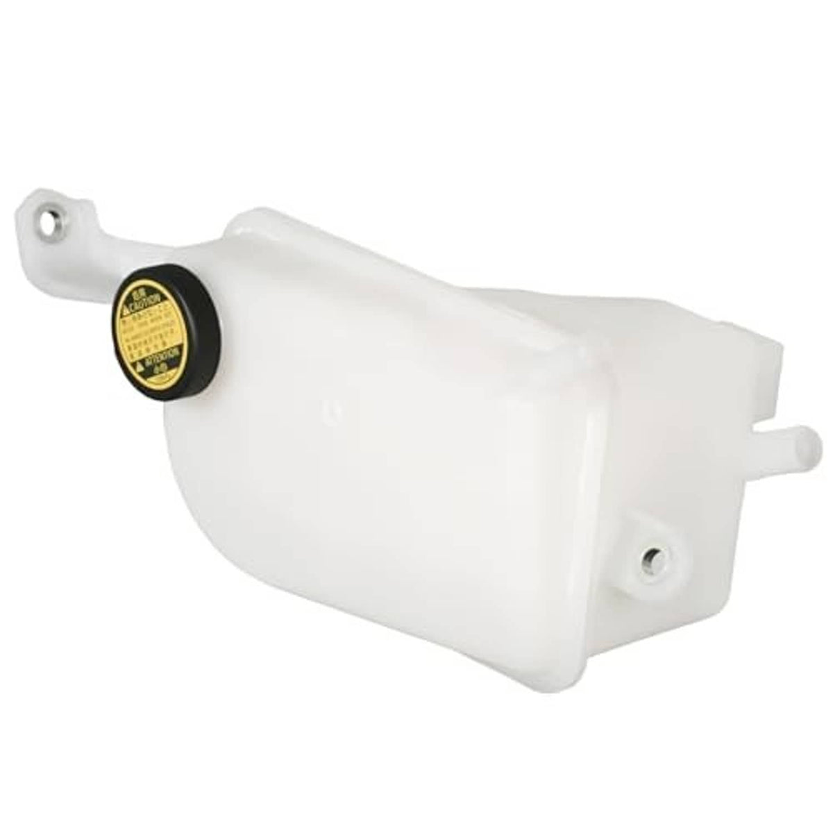 White coolant reservoir expansion tank, side view with caution cap label