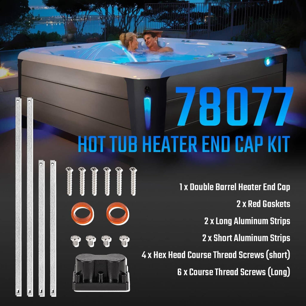 Hot tub heater end cap kit contents shown: end cap, gaskets, strips, and screws