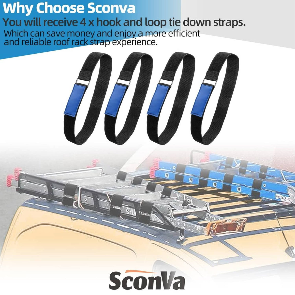 Set of black ladder rack tie-down straps with blue hook-and-loop pads