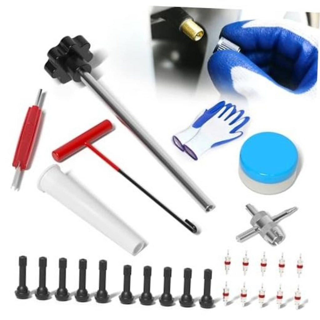 Tire valve stem replacement tool kit with metal removal rods, caps, and small parts
