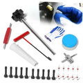 Tire valve stem replacement tool kit with metal removal rods, caps, and small parts