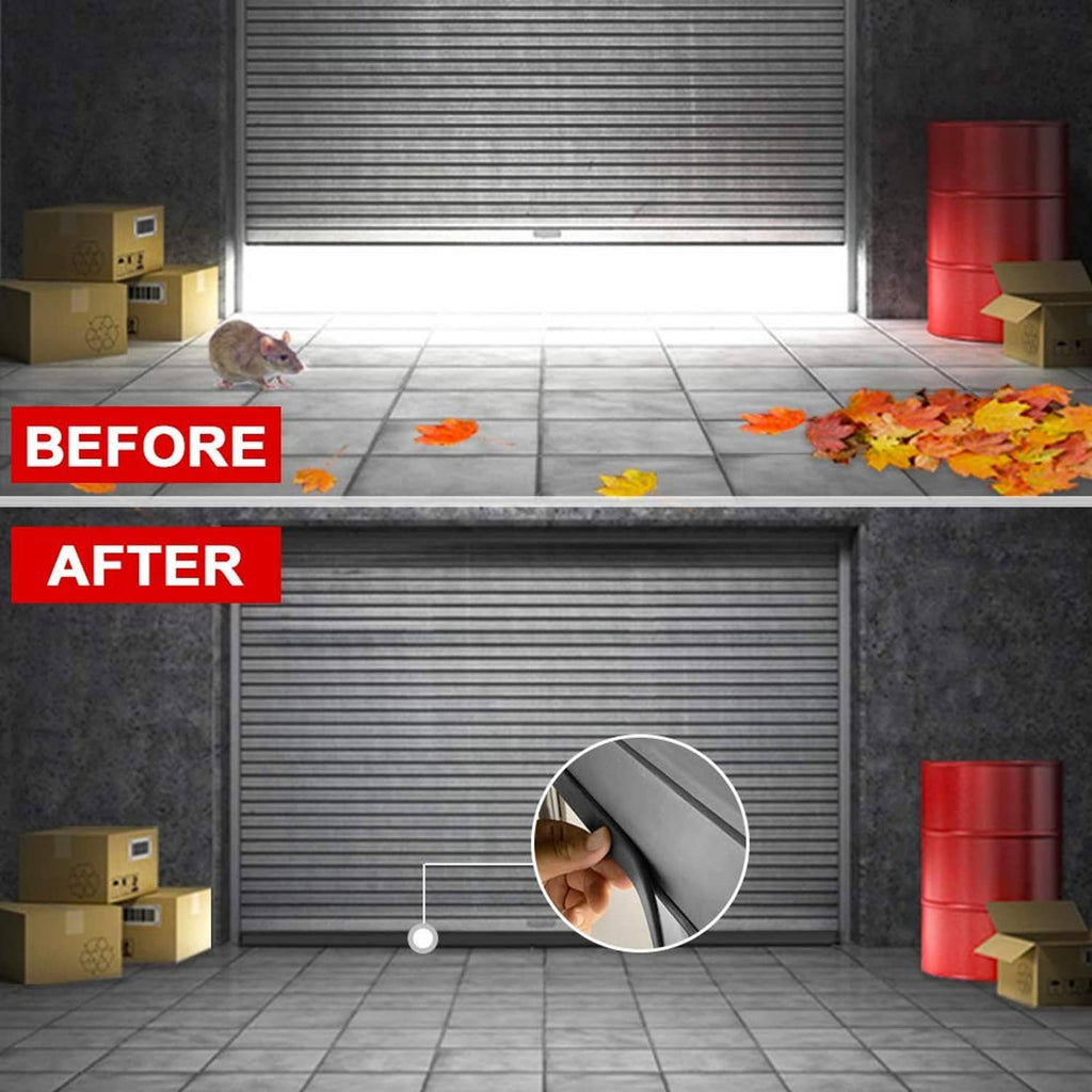 Black and red garage door seal roll with before-and-after comparison panel