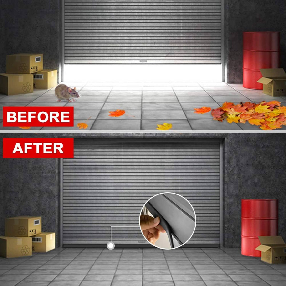 Black and red garage door seal roll with before-and-after comparison panel