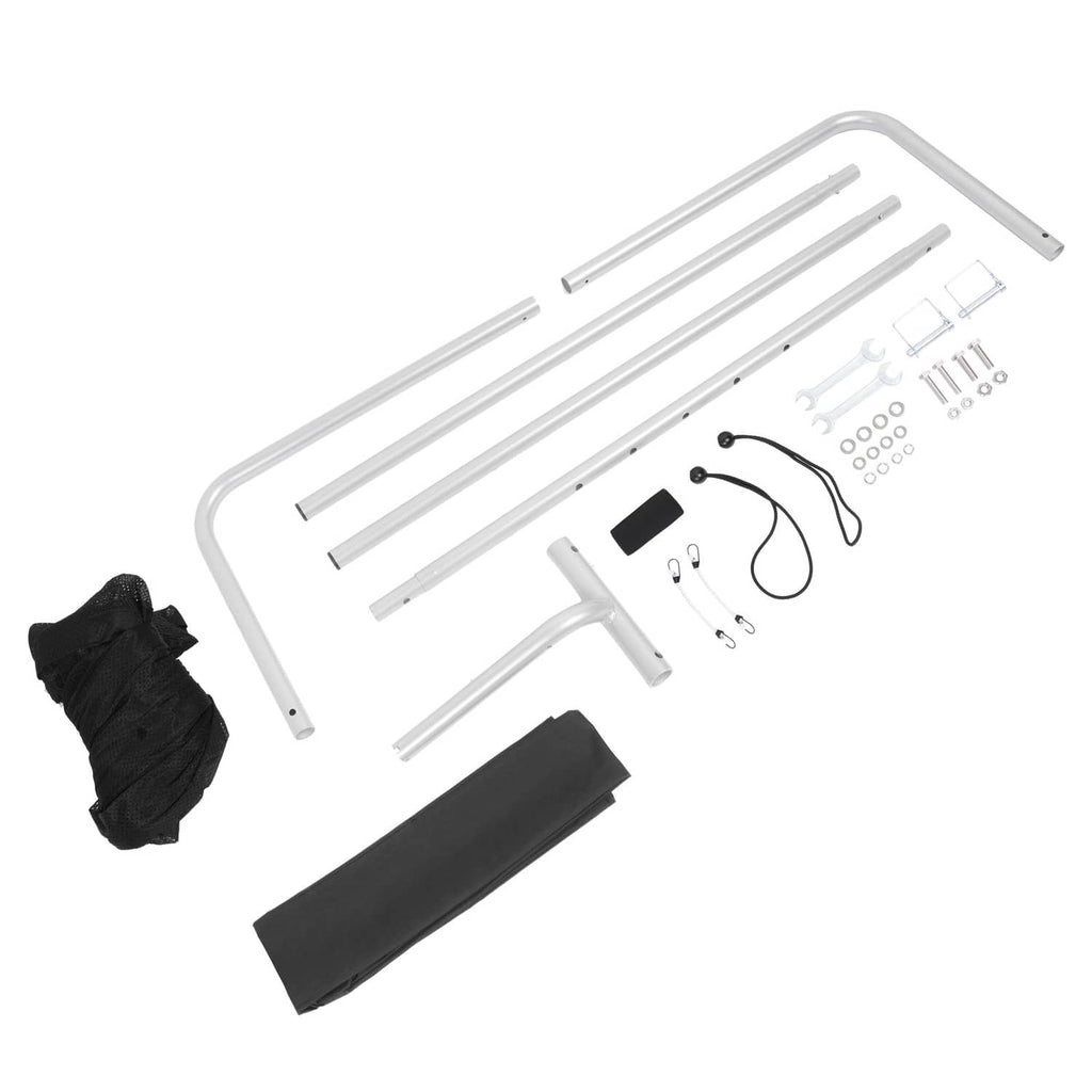 Boat sun shade accessory set with silver poles, black fabric, and mounting hardware