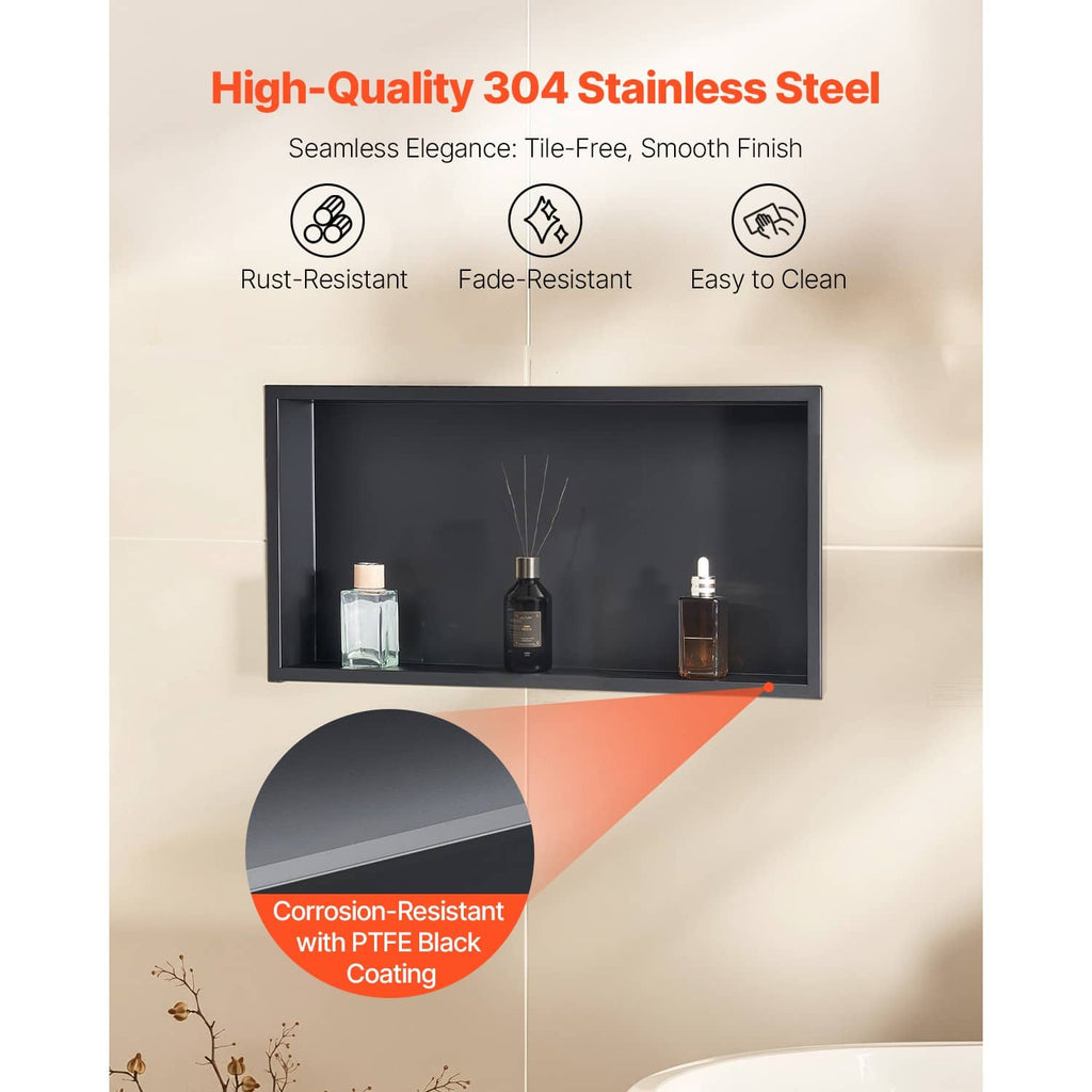 Recessed shower niche wall shelf with dark stainless steel frame and open tray