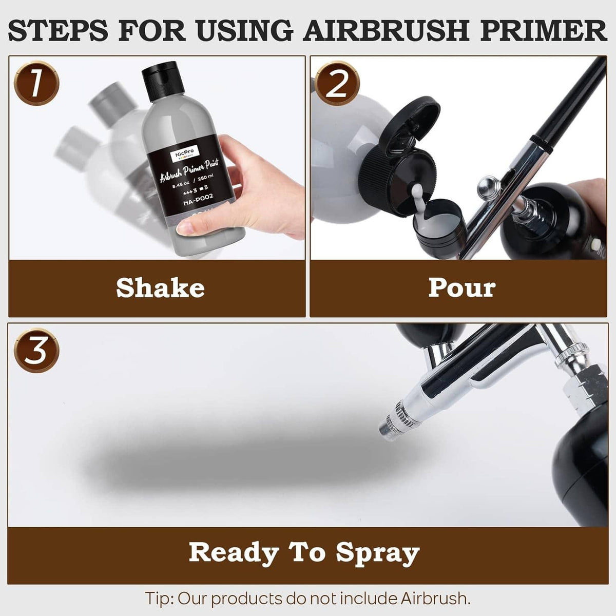 Grey airbrush primer paint steps: shake, pour, and ready to spray