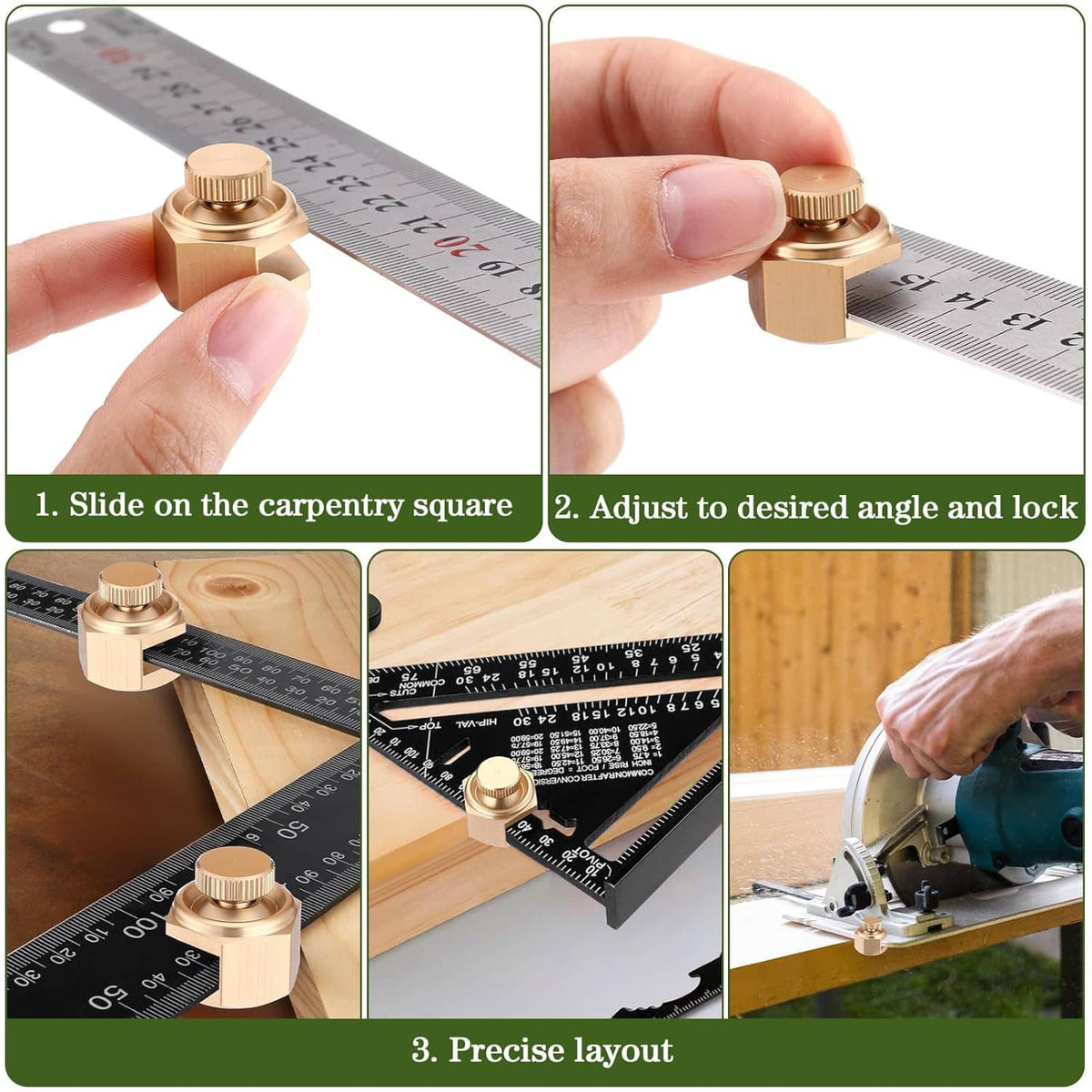 Hand holding stair gauge clamp on a carpentry framing square for angled layout