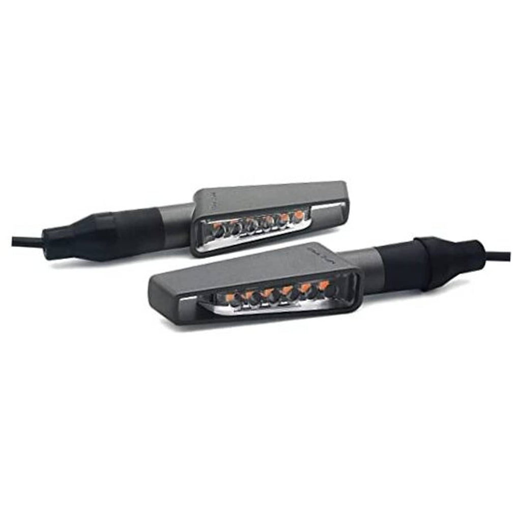 Space grey motorcycle LED turn signal lights, two-piece set with amber lens housings