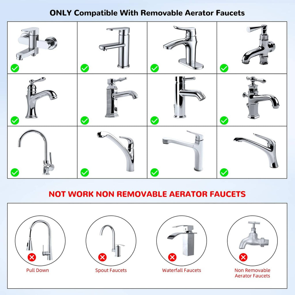 Chrome snap adapter for removable aerator faucets, compatibility layout