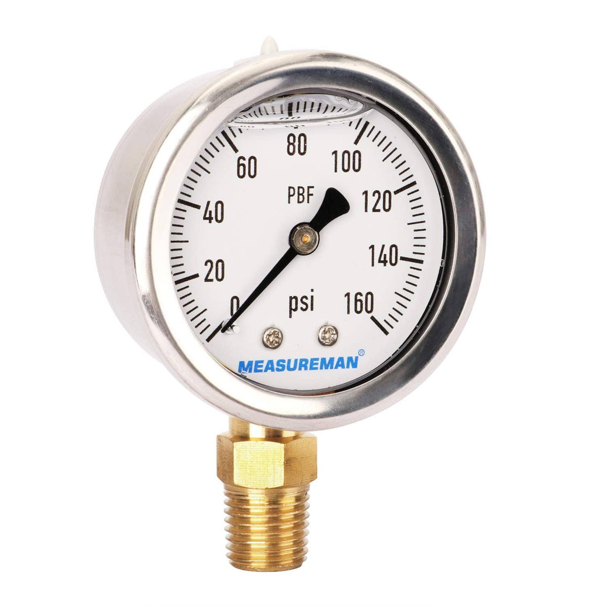 0–160 psi pressure gauge with black pointer, brass threaded inlet, PBF marking