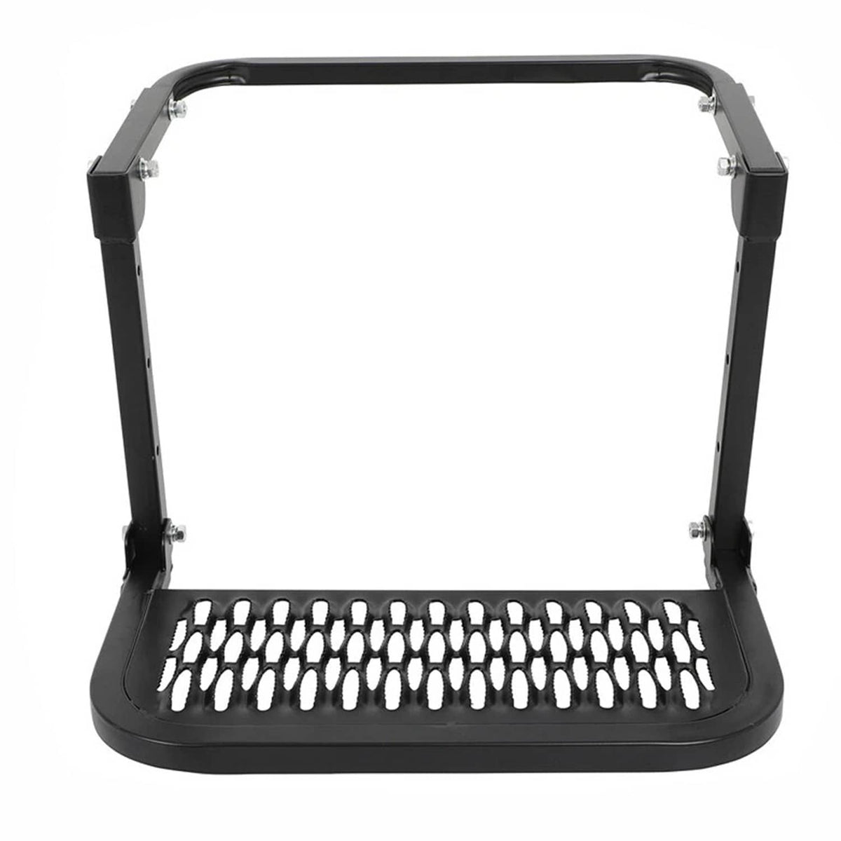 Black adjustable tire-mounted step with textured tread platform and side support bars