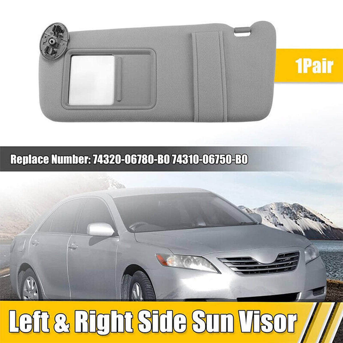 Gray left and right car sun visor set with mirror frames and hinge clips