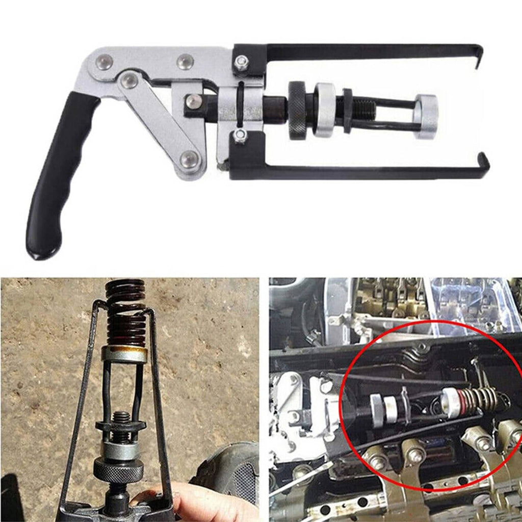Valve spring compressor tool shown beside engine valve area for placement