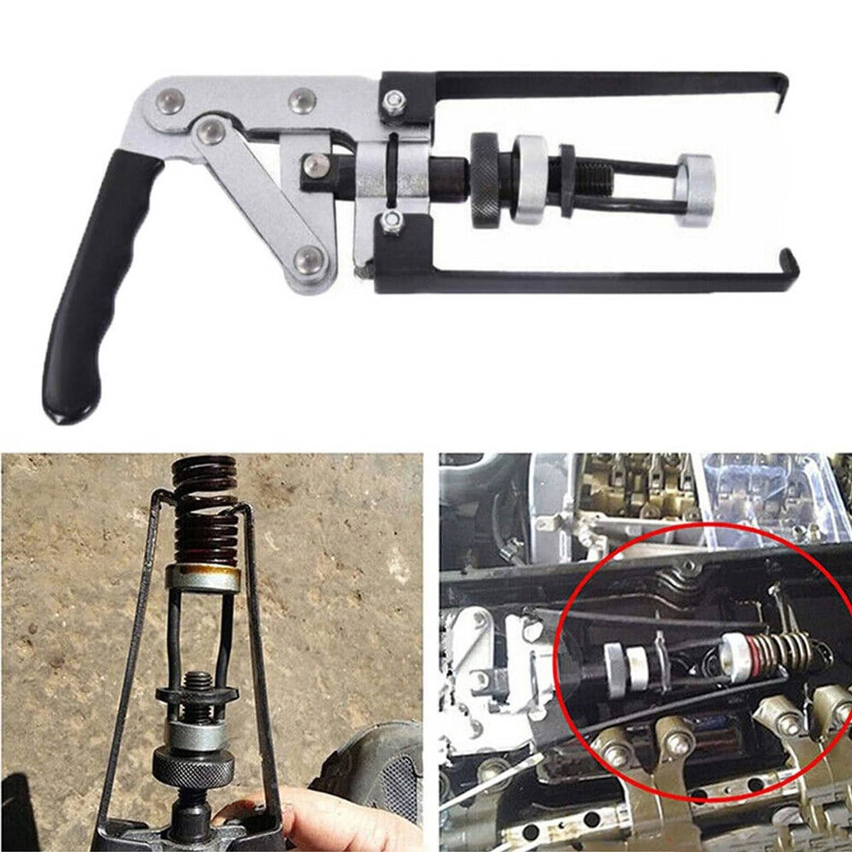 Valve spring compressor tool shown beside engine valve area for placement