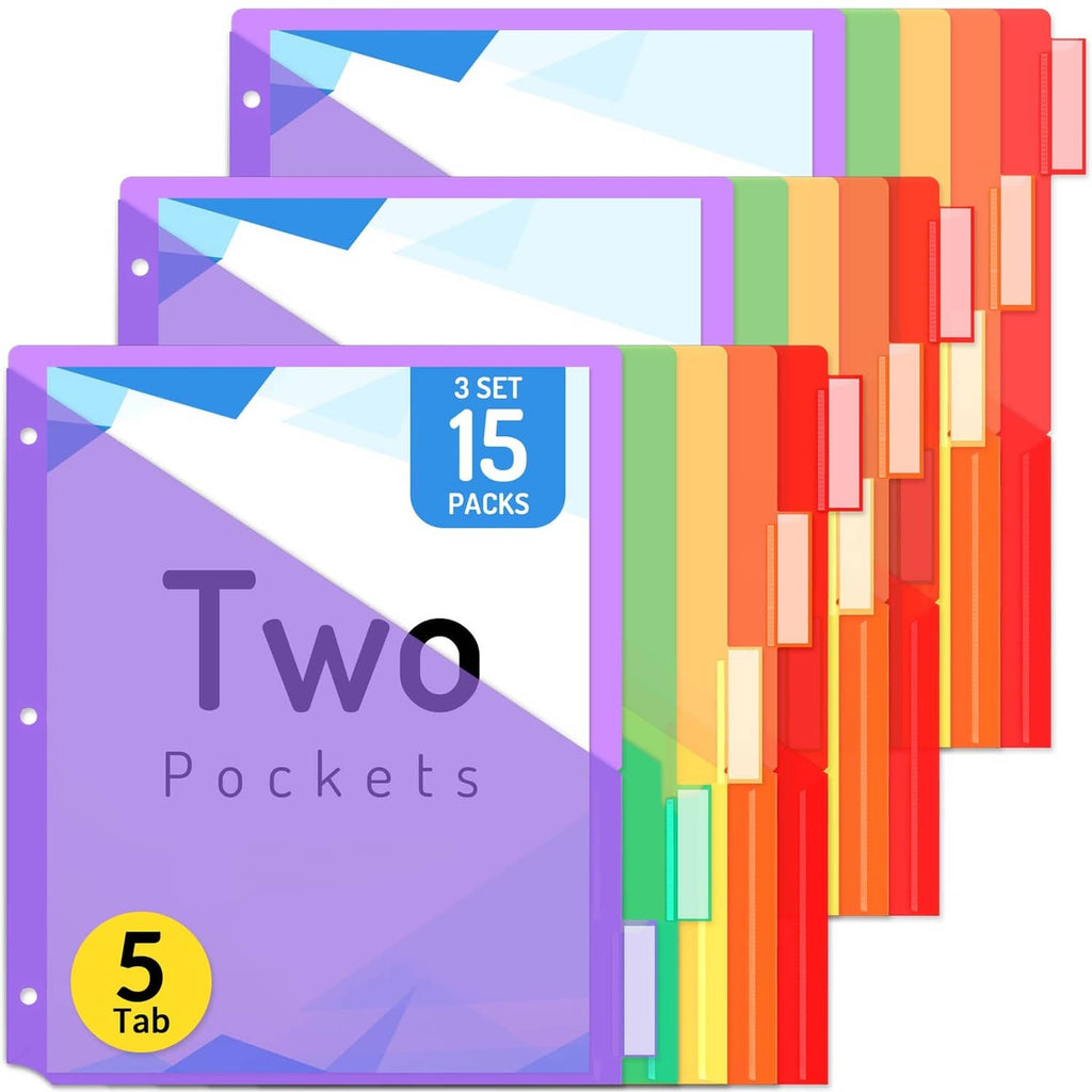 Purple 5-tab plastic binder dividers with pockets, 15-pack set