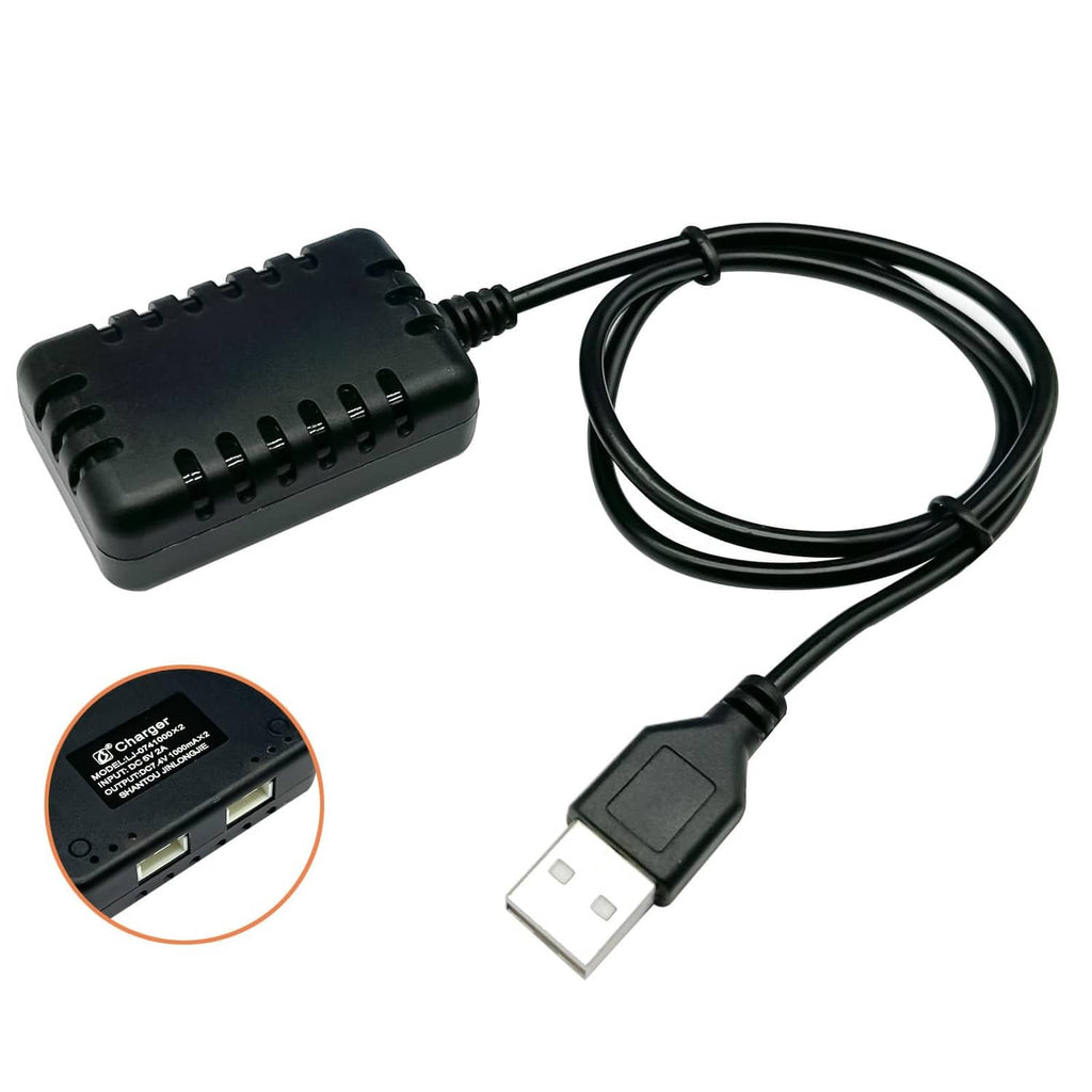 Black LiPo balance charger with USB-A cable and close-up inset of port