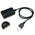 Black LiPo balance charger with USB-A cable and close-up inset of port