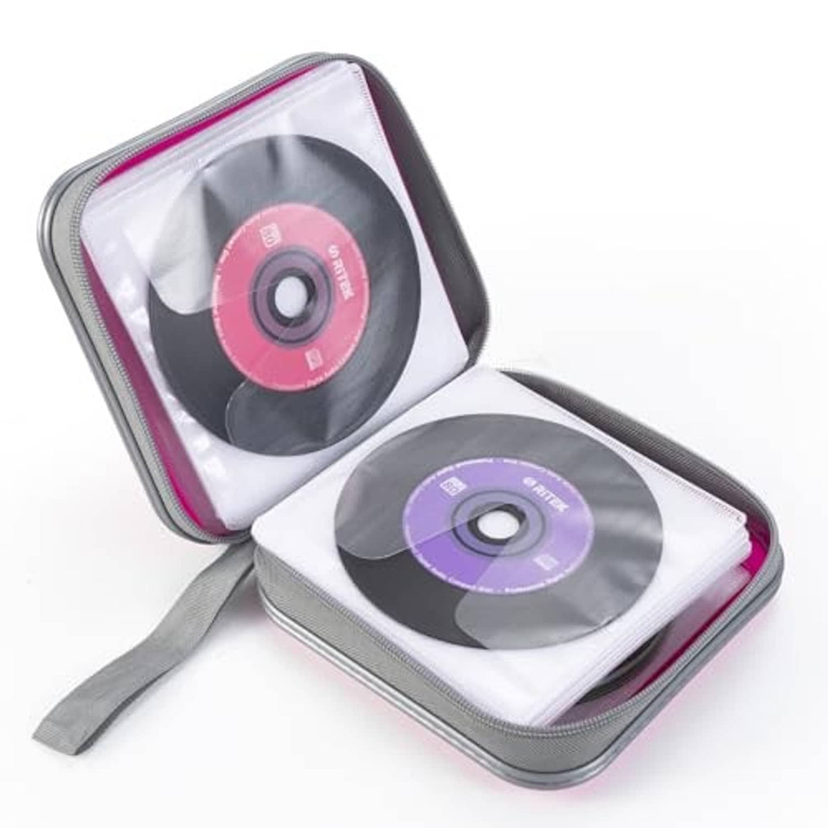 Light pink zippered CD case opened to show transparent CD sleeves inside