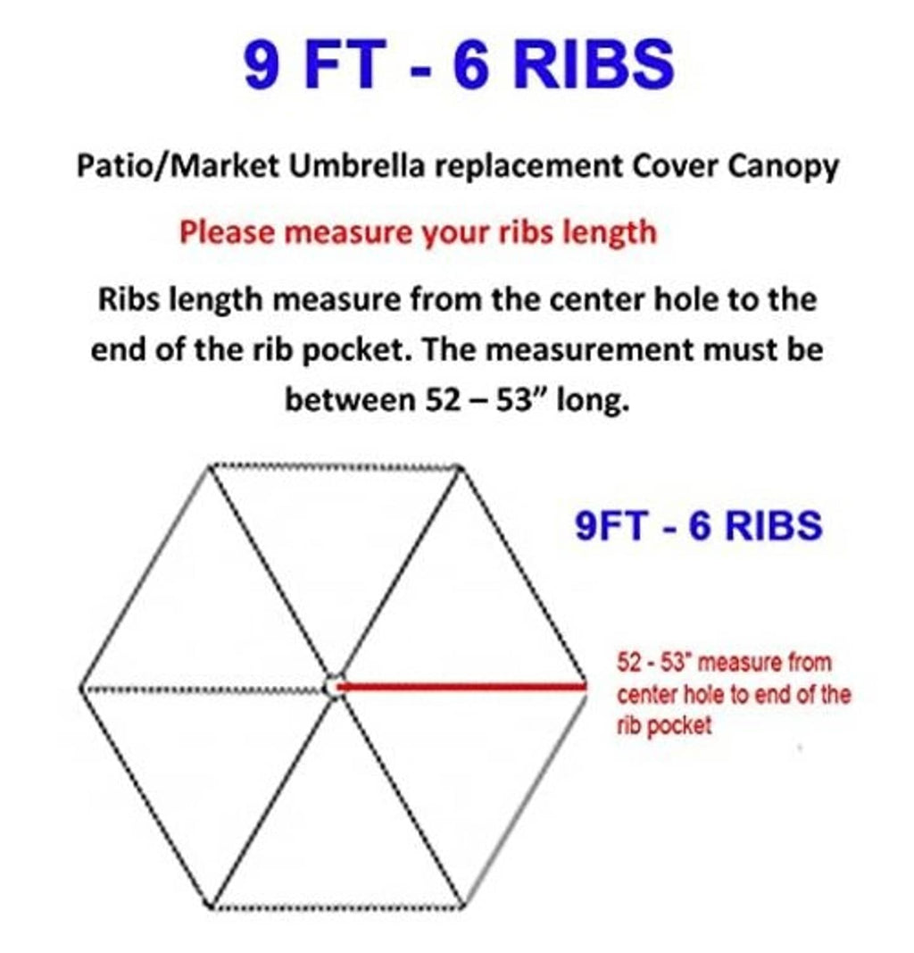 Umbrella replacement canopy sizing diagram for 9 ft and 6 ribs