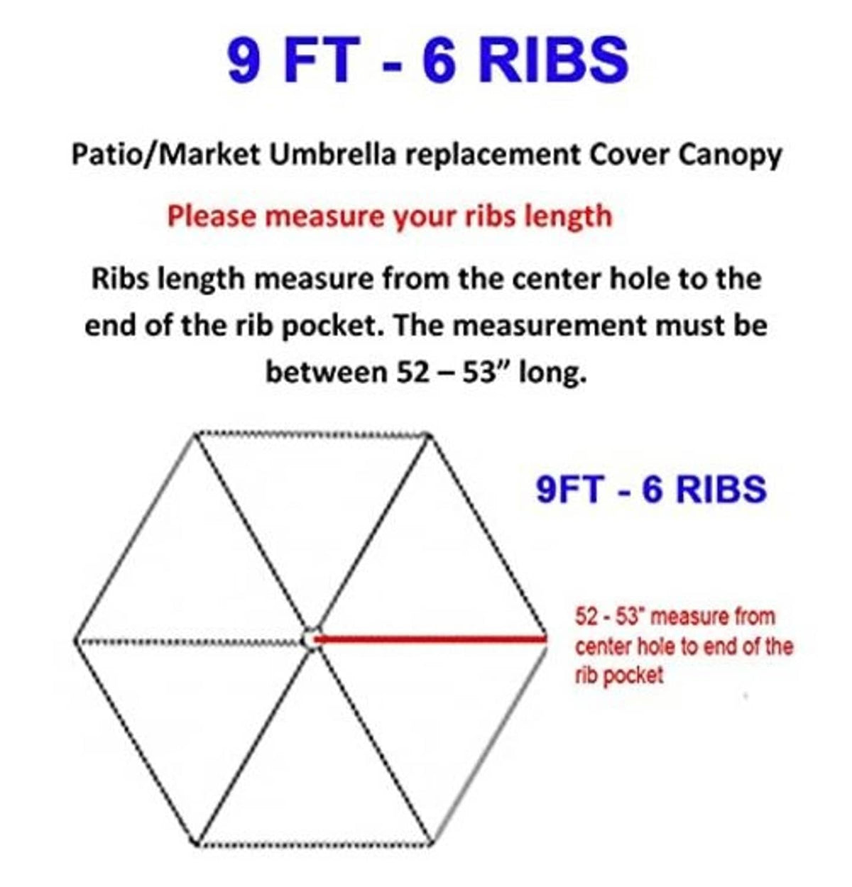 Umbrella replacement canopy sizing diagram for 9 ft and 6 ribs