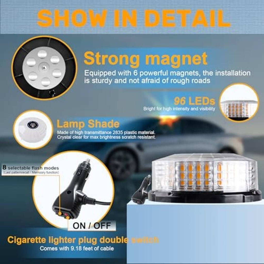 Amber LED beacon light detail with clear lamp shade, circular magnet base, and wires