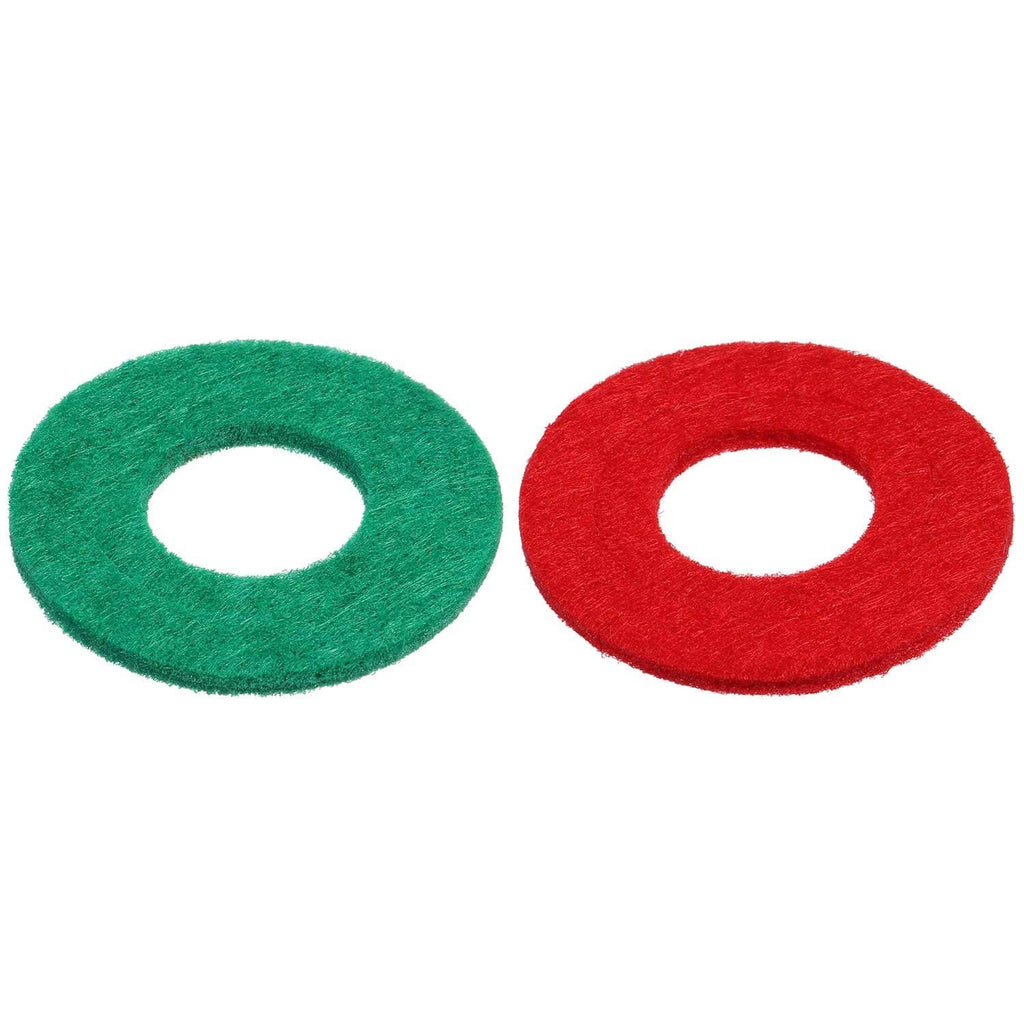 Two fiber battery terminal washers in green and red with round center openings