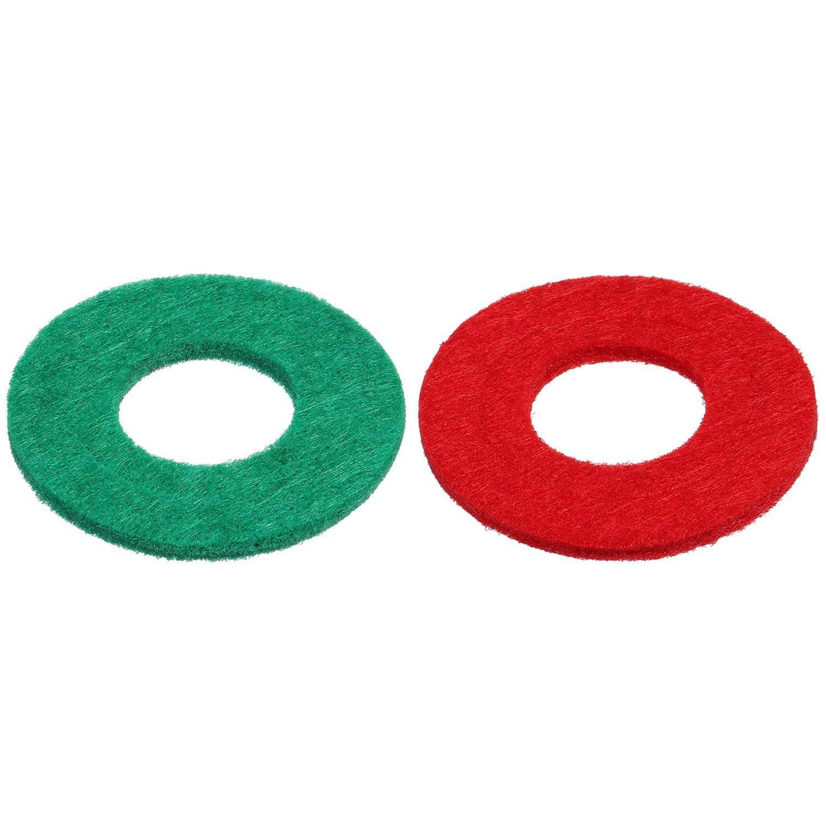 Two fiber battery terminal washers in green and red with round center openings
