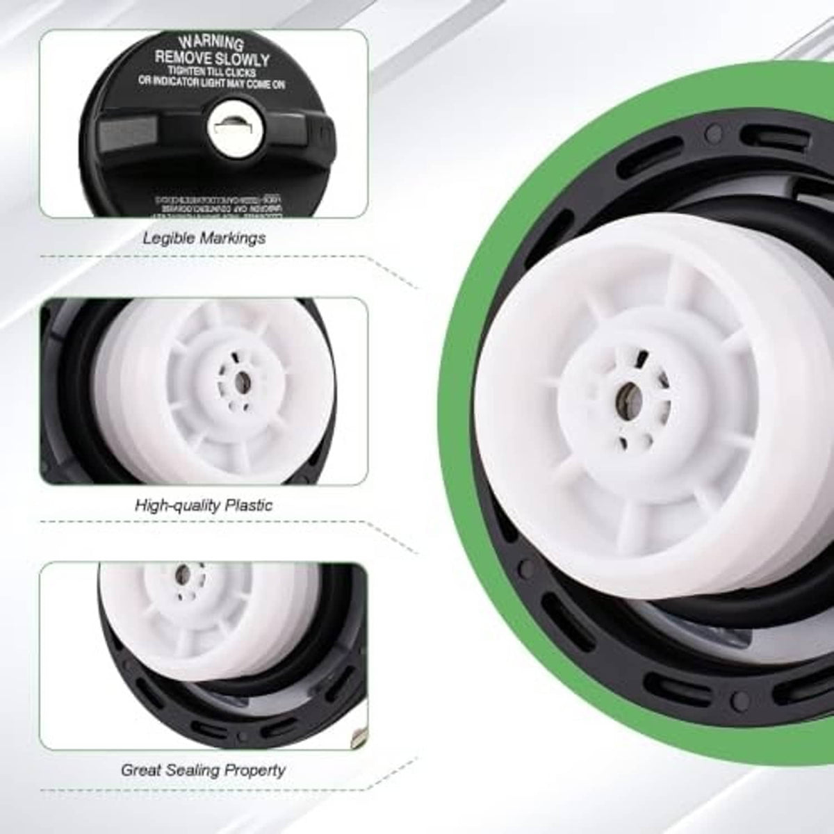 Lock fuel cap with white internal seal and textured black outer ring detail