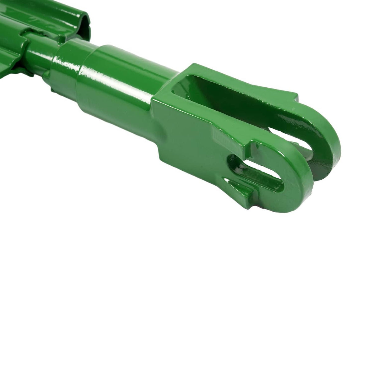 Green tractor lift link with forked end and metal latch slot