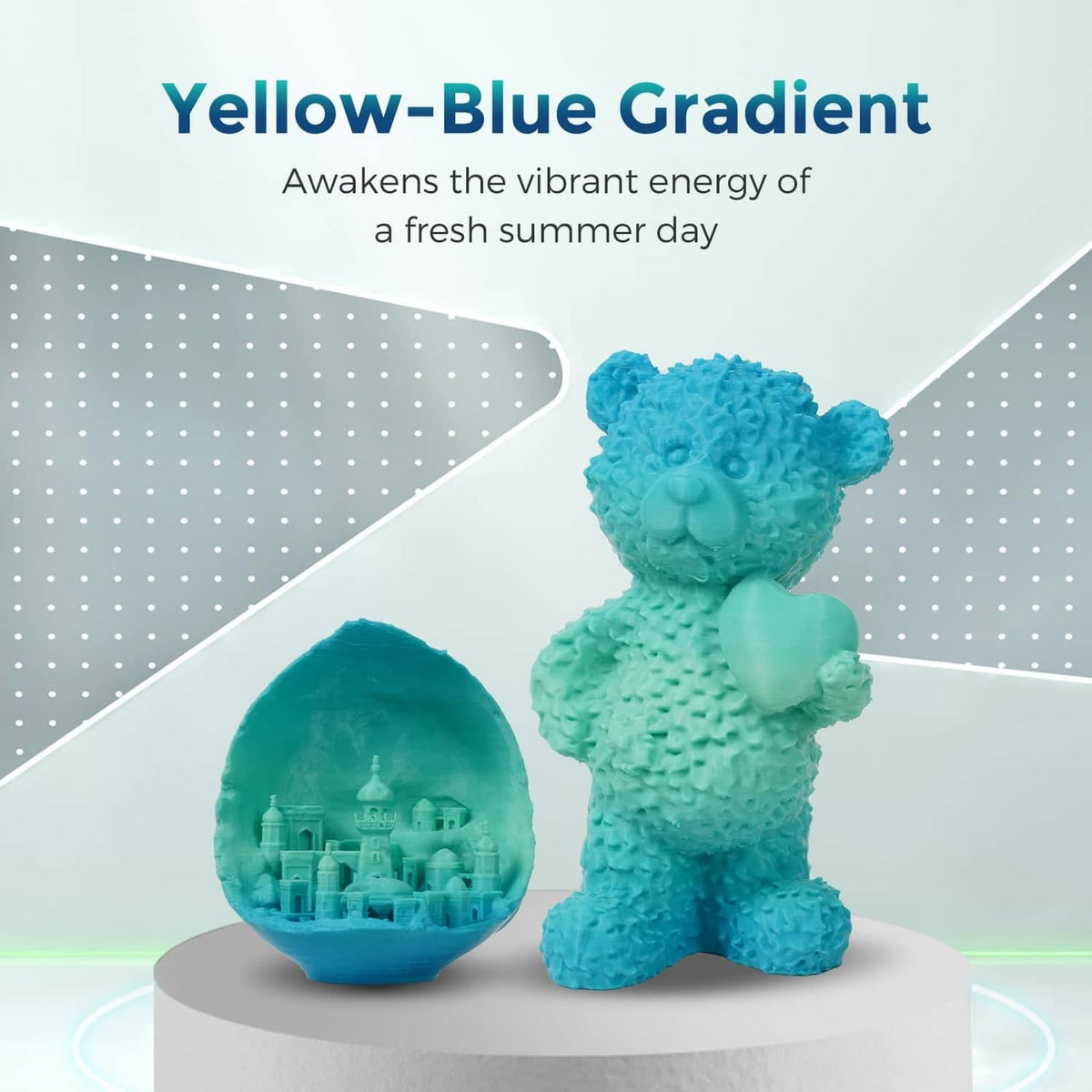 Blue-to-teal gradient PLA filament samples: bear figurine and filled ball