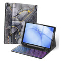 Black marble folio keyboard case with stand, showing tablet and backlit keys