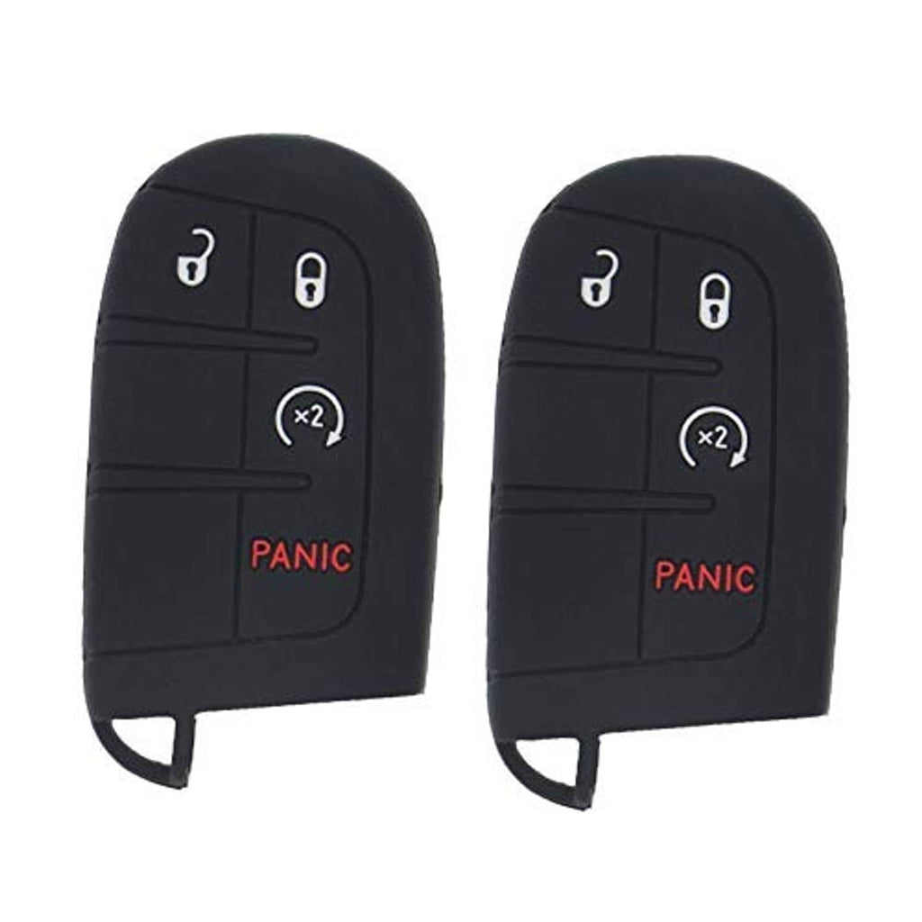 Pair of black silicone key fob covers with key icons for unlock, lock, x2, and red PANIC