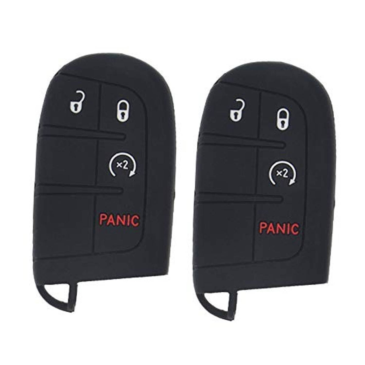 Pair of black silicone key fob covers with key icons for unlock, lock, x2, and red PANIC
