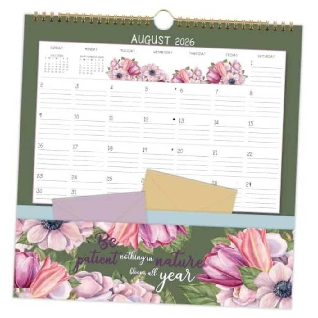 2026–2027 wall calendar with August 2026 page and floral bottom pocket, gold binding