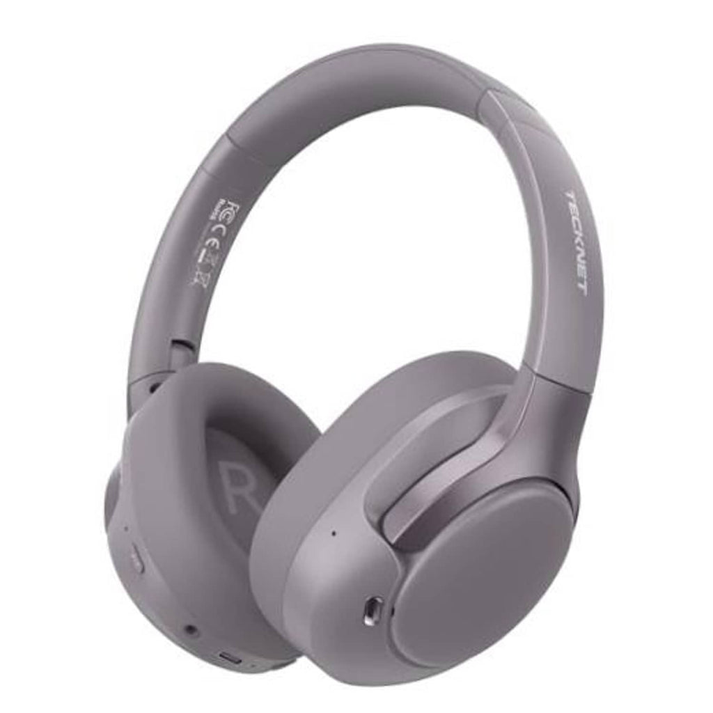 Gray over-ear wireless headphones with side buttons and soft ear cushions