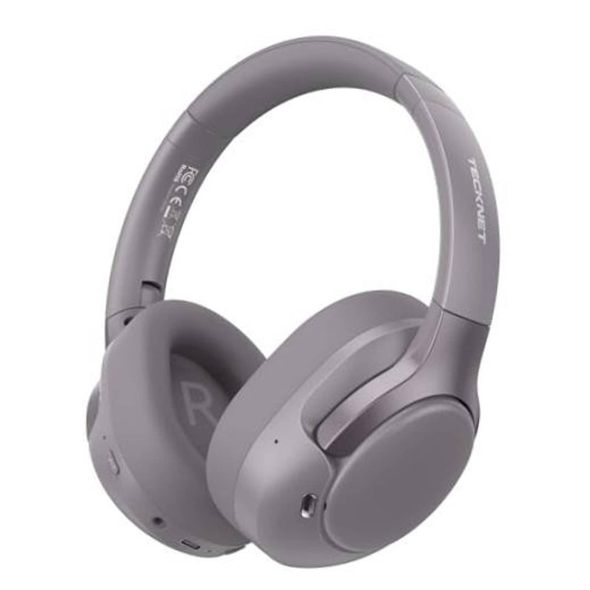 Gray over-ear wireless headphones with side buttons and soft ear cushions